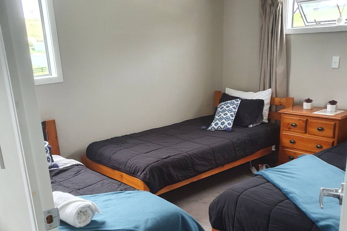 A bedroom with two single beds, a wooden dresser, and a window with curtains.