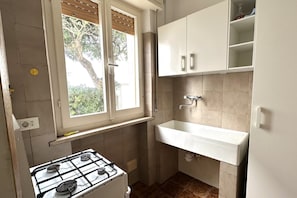 A compact kitchen with a gas stove, a white sink, and cabinets.