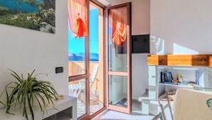 Un saló modern amb una porta de vidre que dona a un balcó, una planta en test, una estant de fusta i un televisor fixat a la paret.
