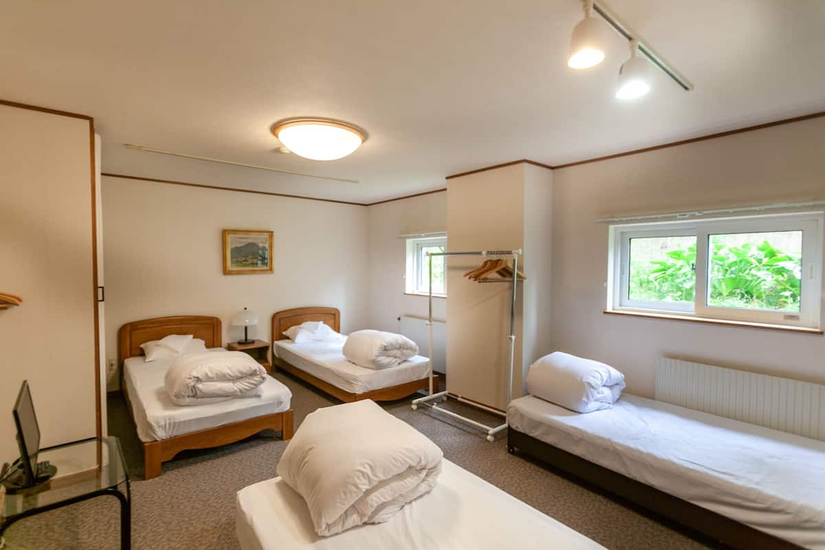 A hotel room with two single beds, a desk, a chair, a radiator, a window with a view of greenery, and a ceiling light.