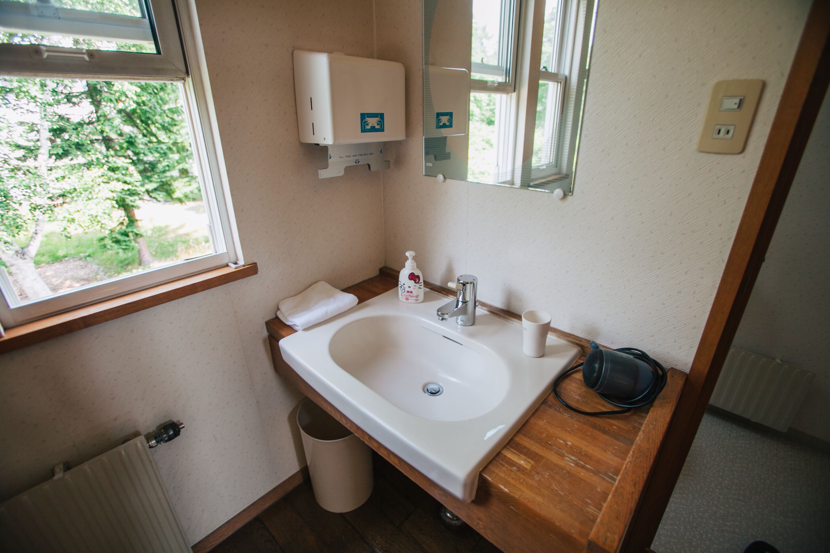 A bathroom with a window, sink, mirror, towel, and hand soap dispenser.