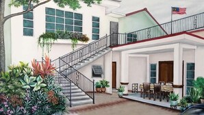 A two-story house with a staircase, a dining area, and a car parked outside. - Guesthouse Beluru (Kuala Kangsar)