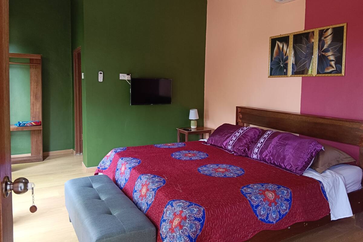 A bedroom with a bed, a TV, a bedside table, and a wall-mounted air conditioner.