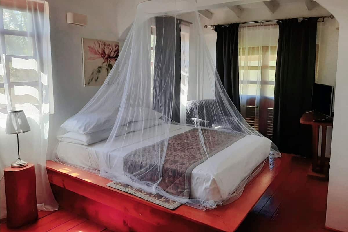 A bed with a mosquito net, a bedside lamp, and a painting on the wall.