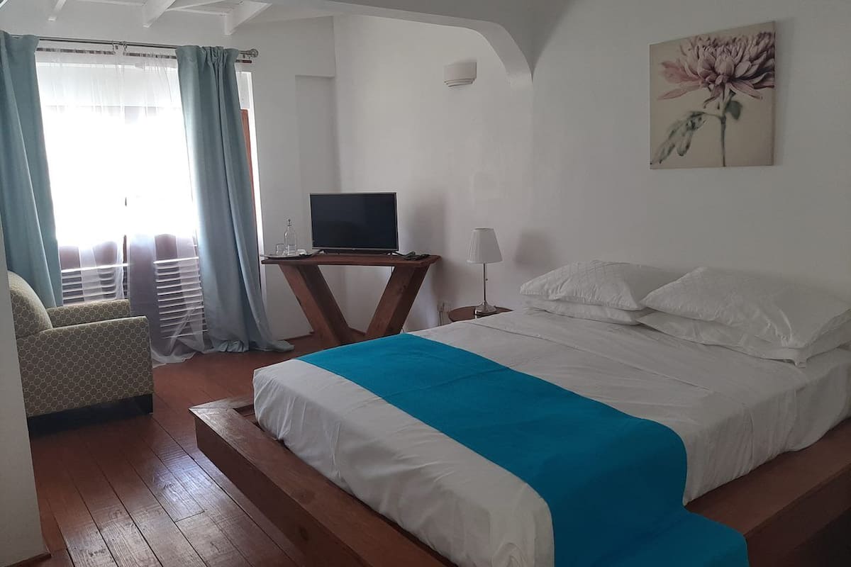 A bedroom with a bed, a TV on a wooden table, a chair, and a lamp.