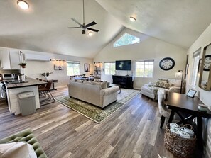 Smart TV, chimenea, reproductor de DVD y libros