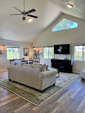 Smart TV, fireplace, DVD player, books