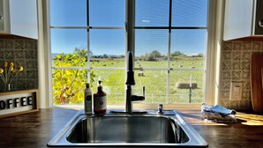 A kitchen with a large window, a sink, and two bottles of hand soap. - Barn house stay near Palisade, hot tub and views! (Clifton)