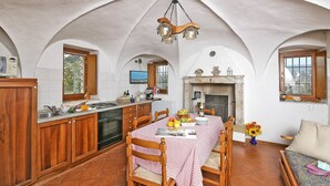 Eine Küche mit Essbereich, ausgestattet mit einer karierten Tischdecke, Holzstühlen, einem Kamin und einem gefliesten Boden.