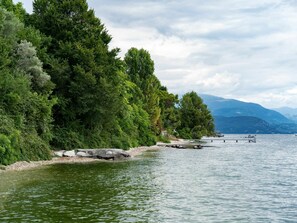 A lakeside view with dense greenery and a dock extending into the water.