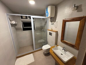 A modern bathroom with a glass shower enclosure, a toilet, a sink with a wooden countertop, and a mirror with a wooden frame.