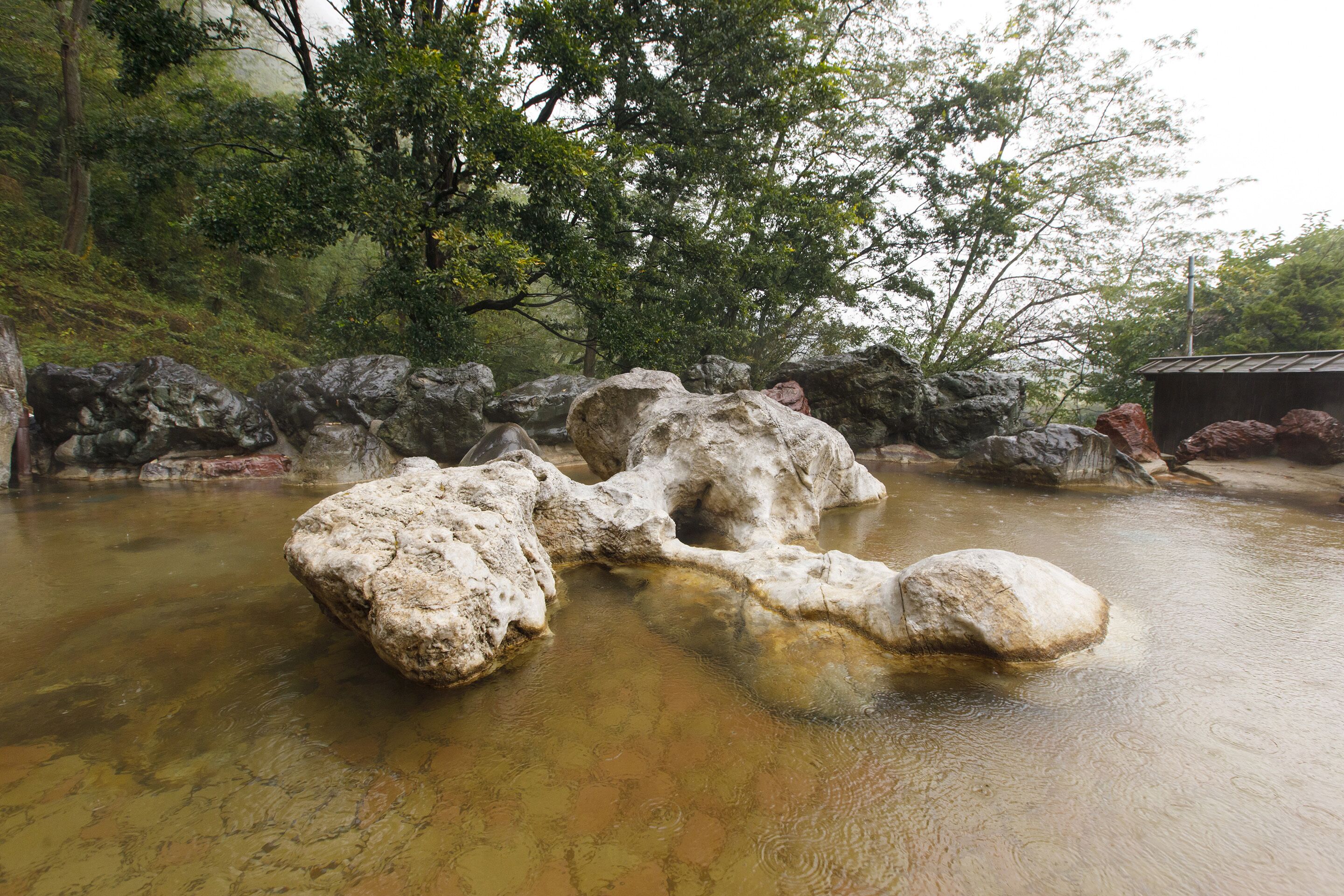 A natural hot spring with large rocks in the water surrounded by trees.