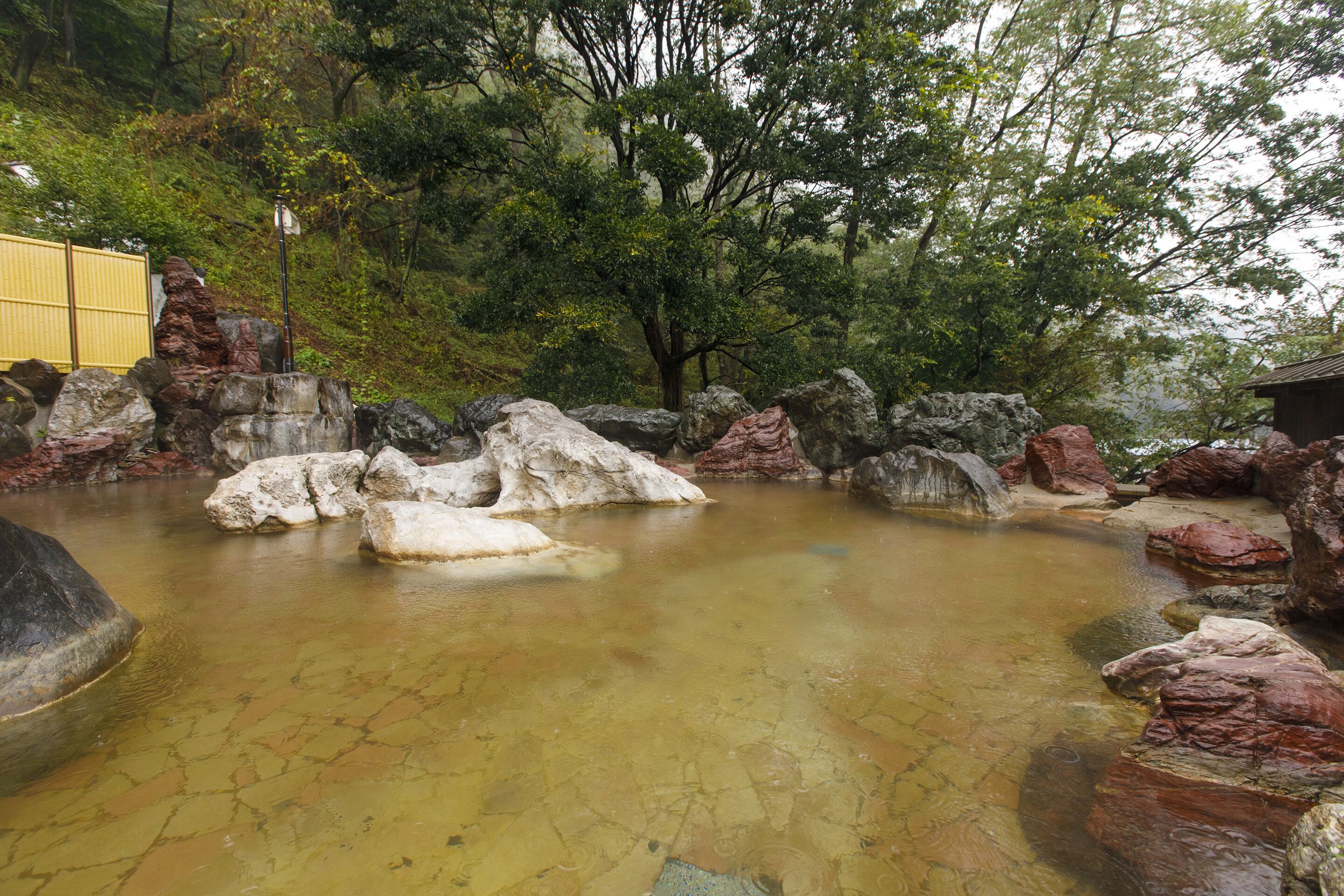 A natural hot spring surrounded by large rocks and trees.