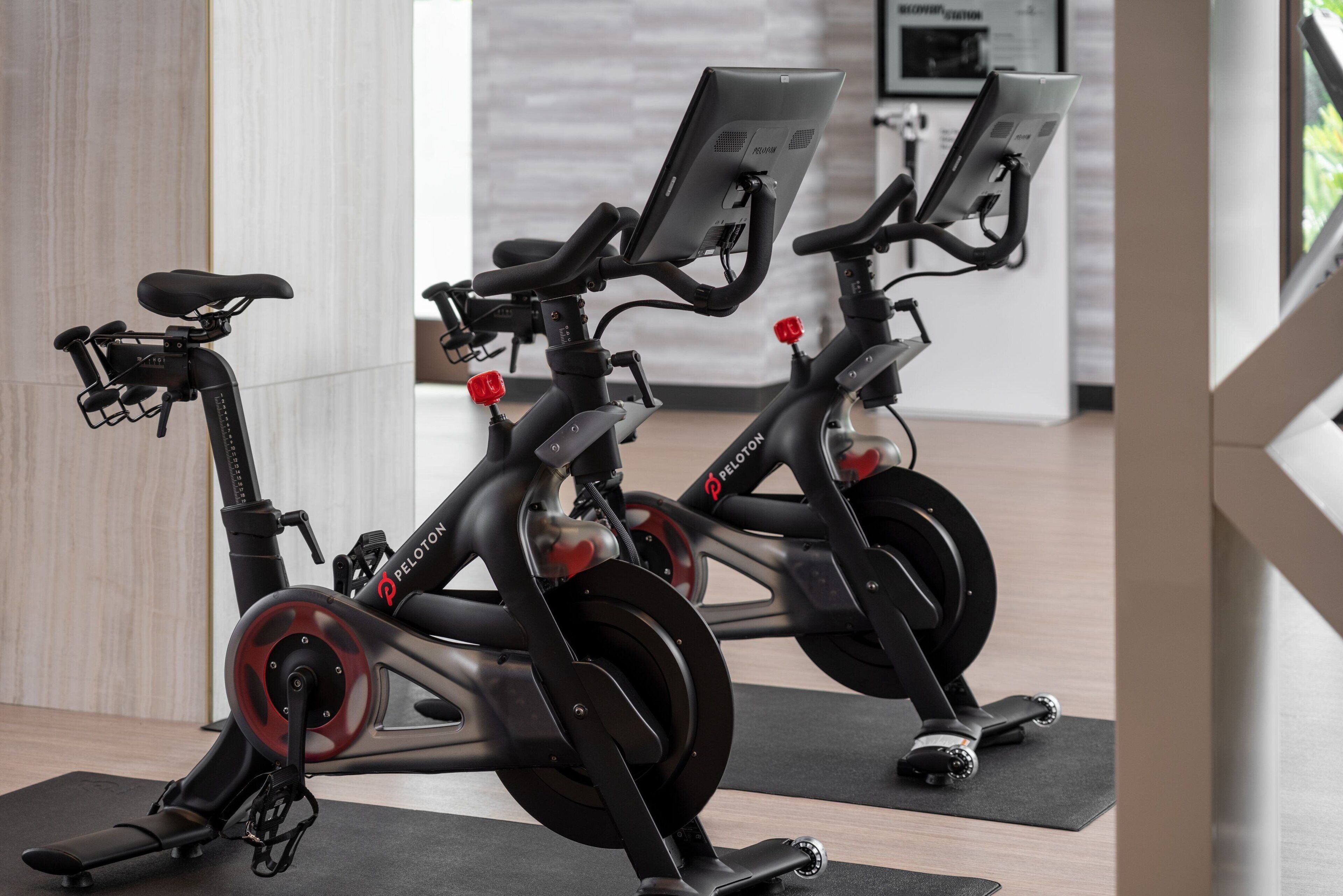 Due cyclette fisse in una stanza moderna con pavimento in legno e un'ampia finestra.
