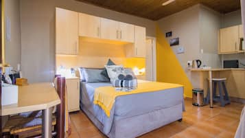Une petite chambre comprenant un lit, un bureau et une kitchenette.