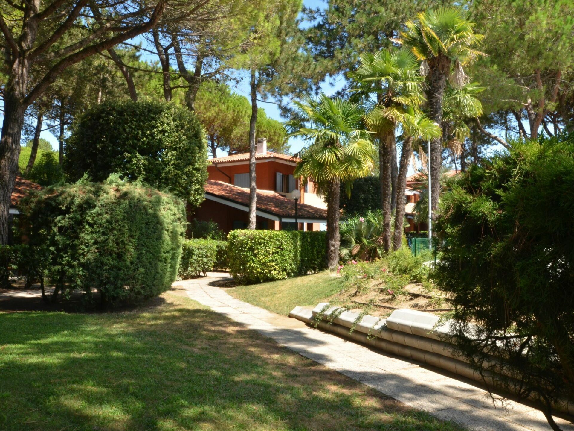 A house surrounded by lush greenery, including trees and bushes.