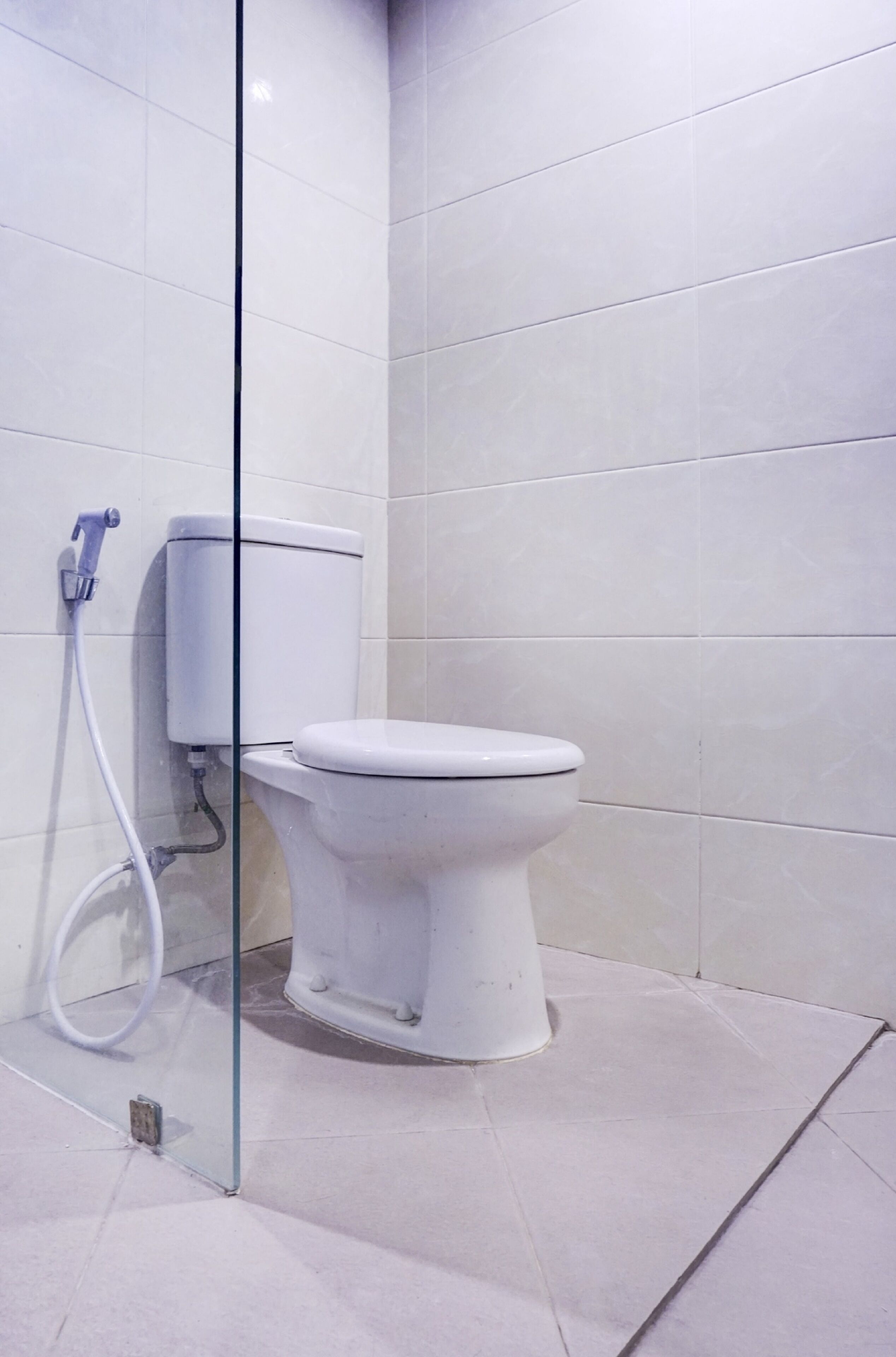 Une salle de bain équipée de toilettes, d’une douche à parois en verre et de murs carrelés.