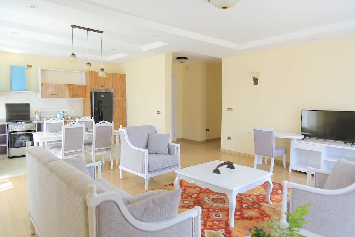 A modern living room with a sofa, chairs, a coffee table, and a TV. There is a kitchen area with cabinets and appliances in the background.
