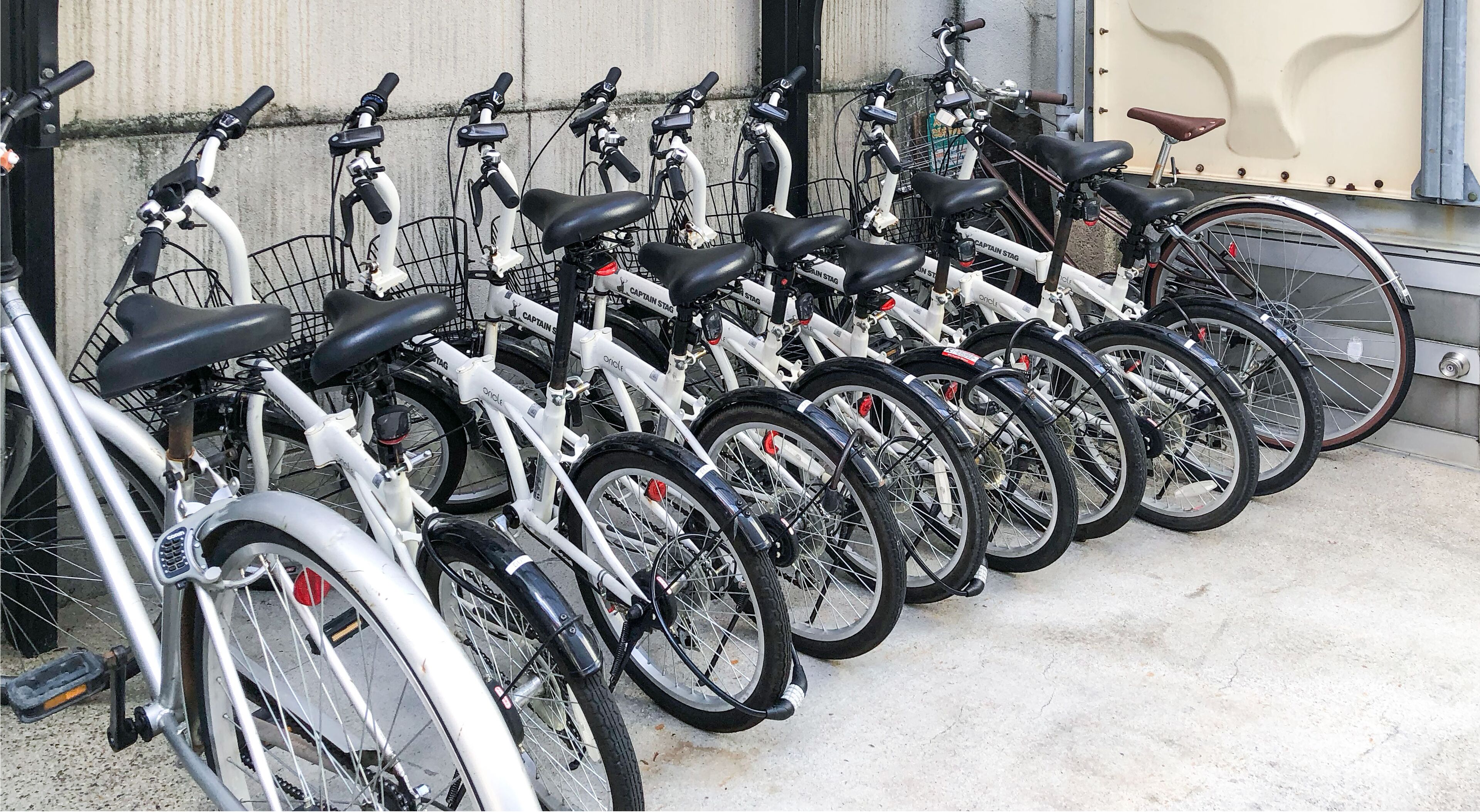 En rad cyklar står parkerade längs en vägg.