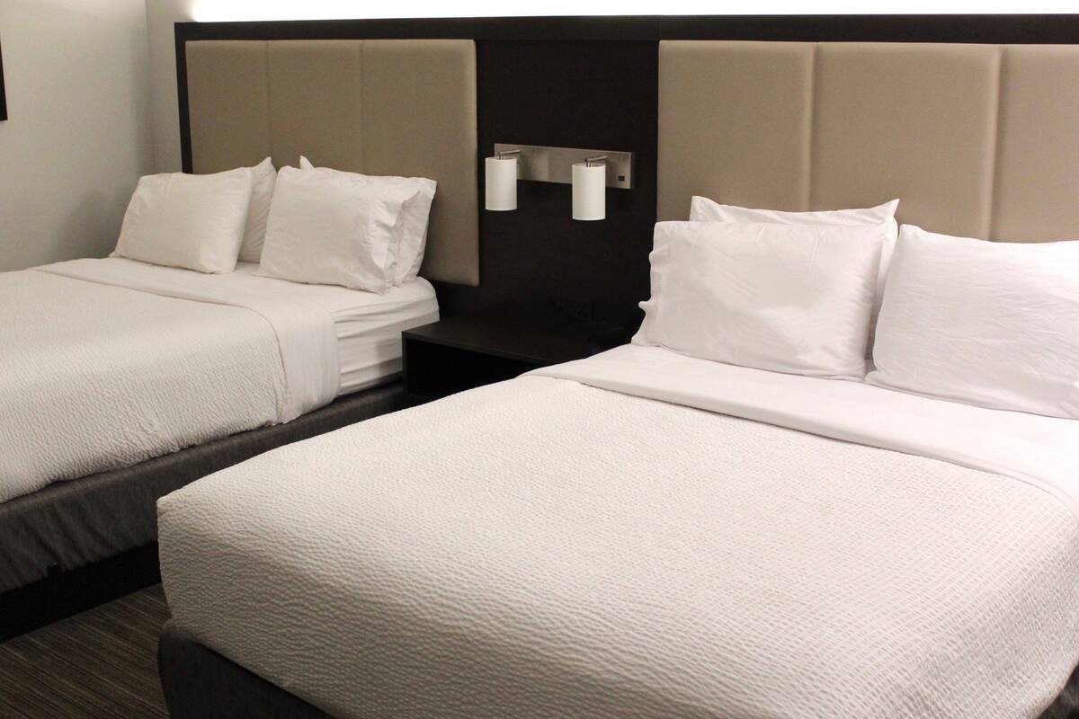 Dos camas individuales con ropa de cama blanca, cabecera con panel de color claro y lámpara de pared.