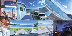 Hotel a la costa amb vista a la platja, mobiliari exterior i zona de dinar amb vistes al mar.