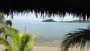 A beach view with clear water, palm trees, and a distant island. - Jazzybeach Hotel (Nosy Be)