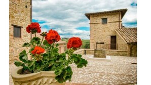A stone building with a tiled roof, a flower pot with red flowers, and a cobblestone courtyard. - Borgo Sant'Apollinare (Marsciano)