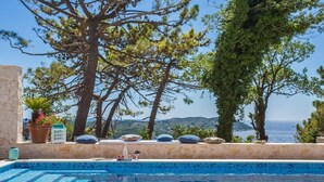 Une piscine offrant une vue dégagée sur la mer et les collines en arrière-plan.