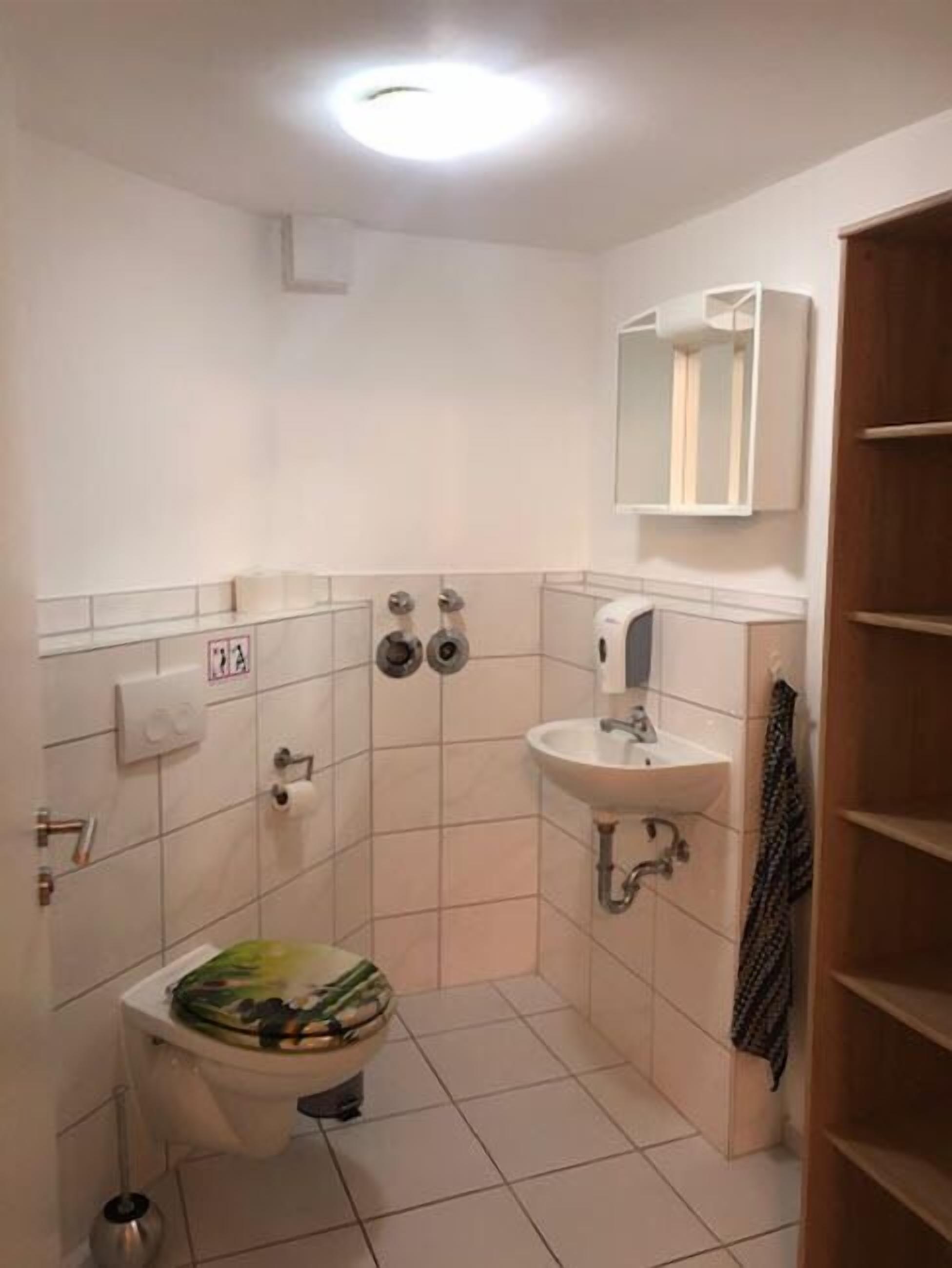 Un bagno piccolo con il water, un lavandino e uno specchio.