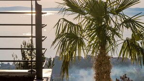 En pool med en palm, ett metallräcke och utsikt över havet.