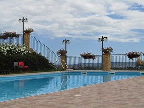 A swimming pool with a tiled deck, a metal railing, and potted plants.