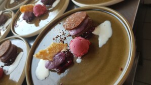 A dessert plate with various colorful ice cream scoops and toppings.