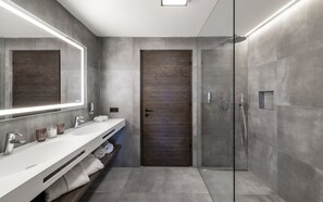 Appartement Deluxe | Salle de bain | Douche, douche cascade, articles de toilette (gratuits)
