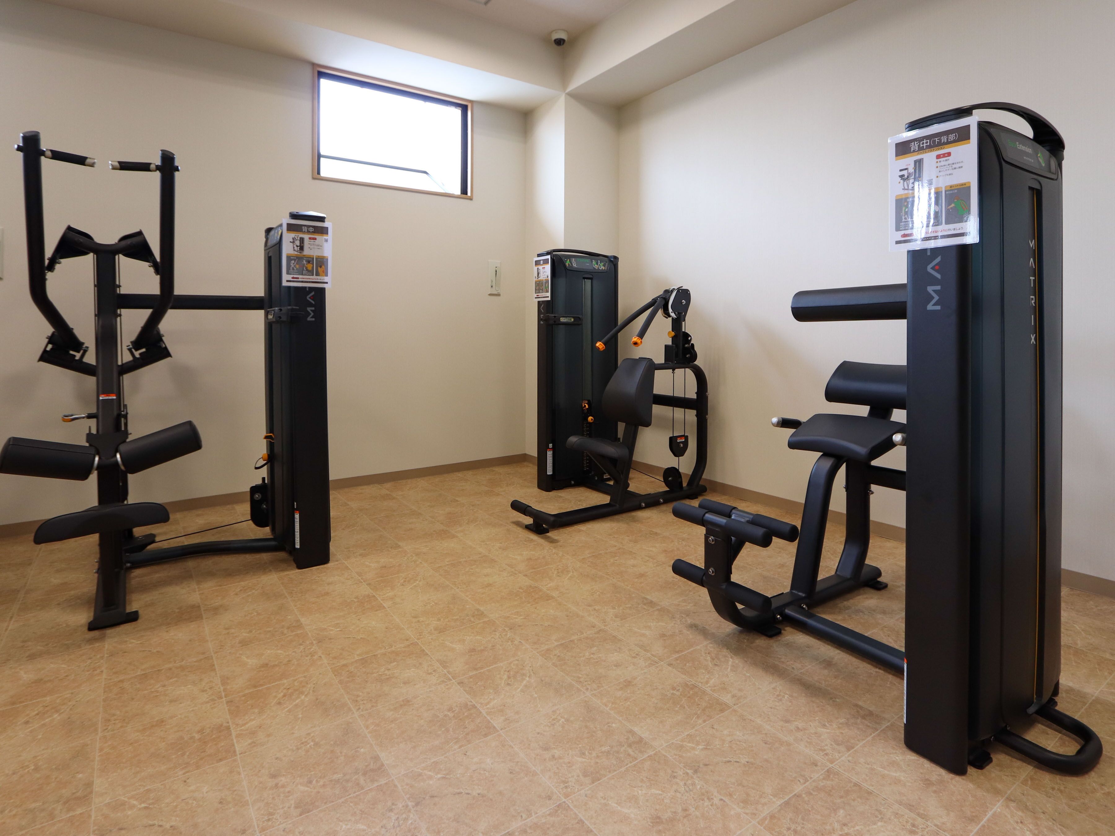 Un gimnasio con diversas máquinas de ejercicio, un ventanal y suelo de baldosas.