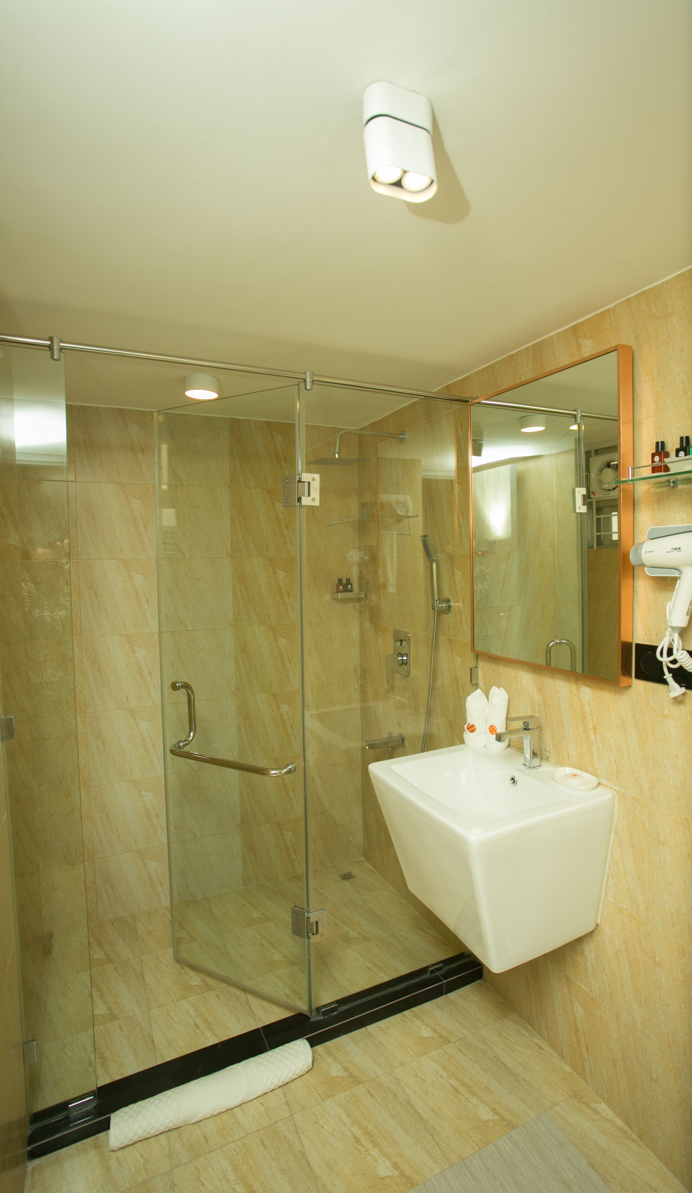 A modern bathroom with a glass-enclosed shower, a white sink, and a mirror above it.