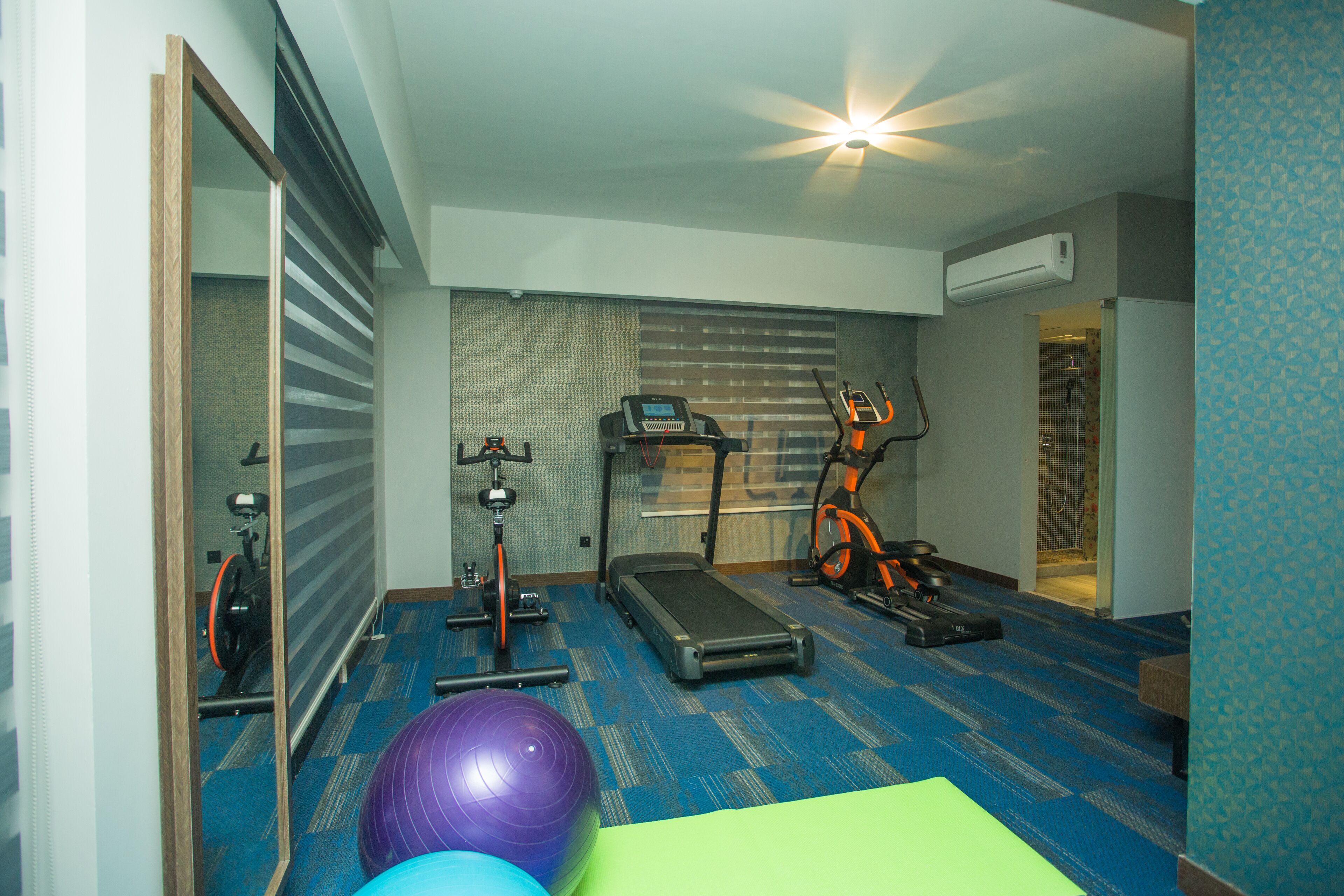 A fitness room with exercise equipment, a mirrored wall, and a blue carpet.