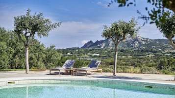 Seasonal outdoor pool, pool loungers