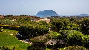 Un jardín ajardinado con un sendero que lleva a un edificio, rodeado de abundante vegetación y vistas a una montaña distante.