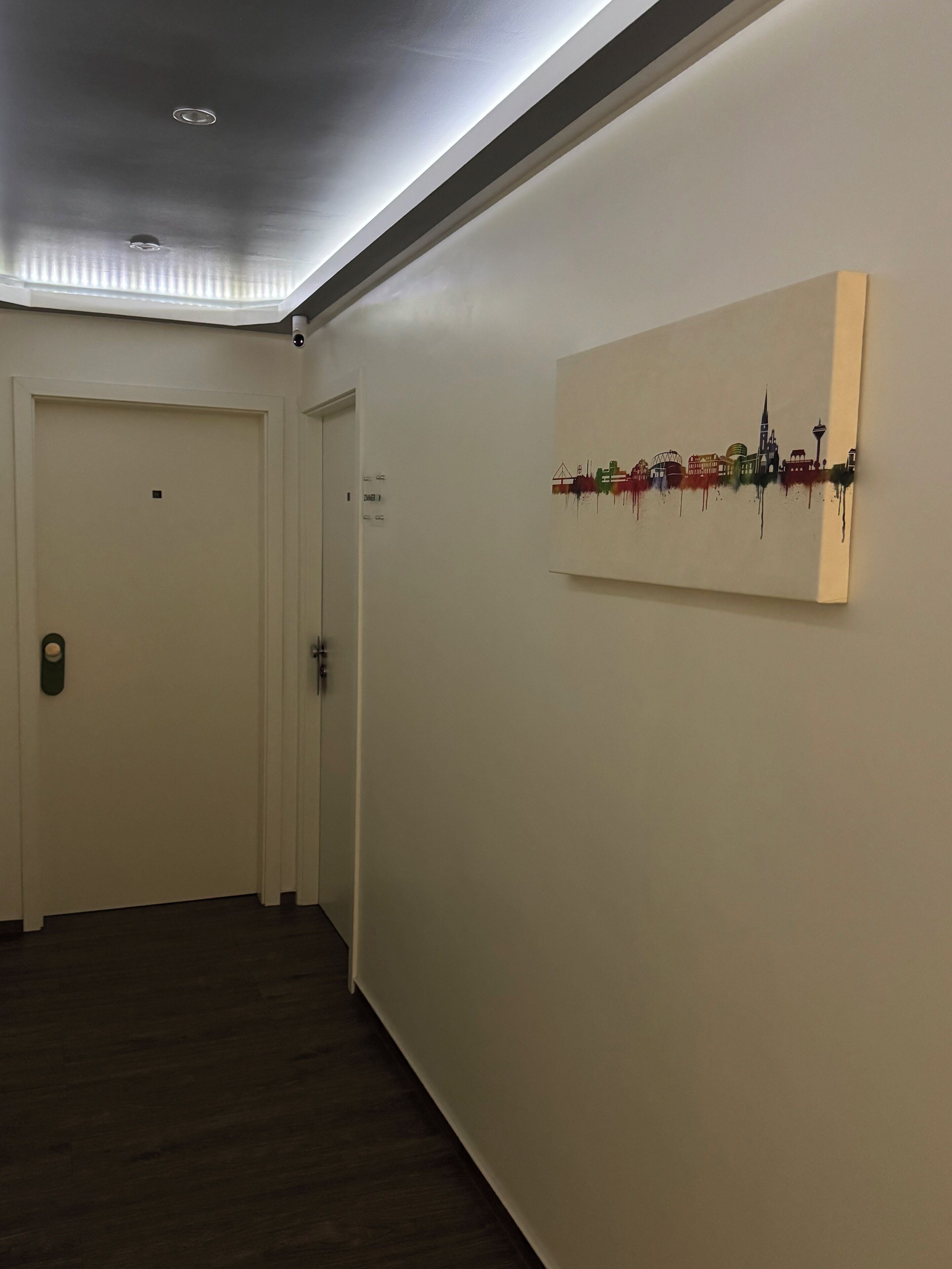 Un pasillo con una puerta, una obra de arte en la pared y una lámpara en el techo.