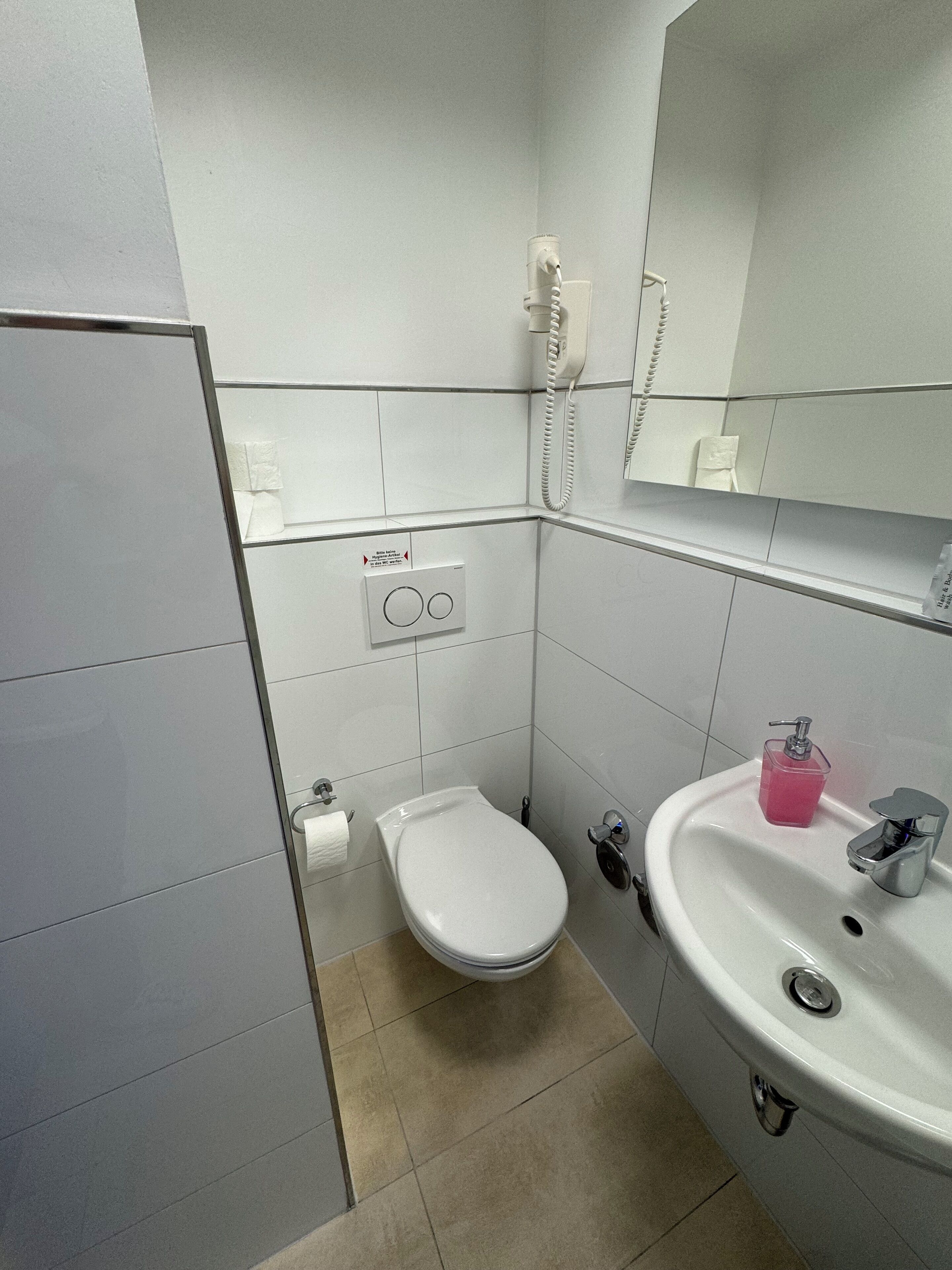 A small, modern bathroom with a toilet, sink, and mirror.