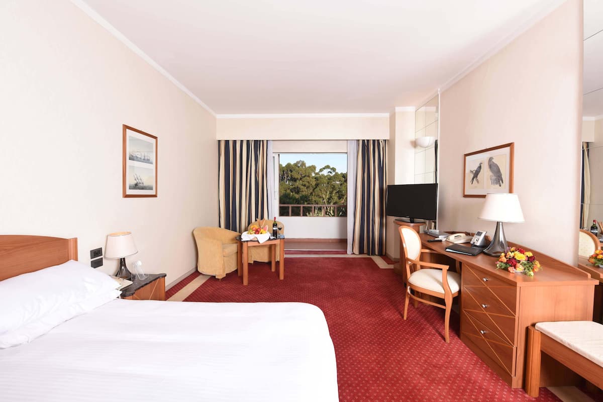Ett hotellrum med en säng, ett skrivbord, en stol och utsikt över träd genom fönstret.