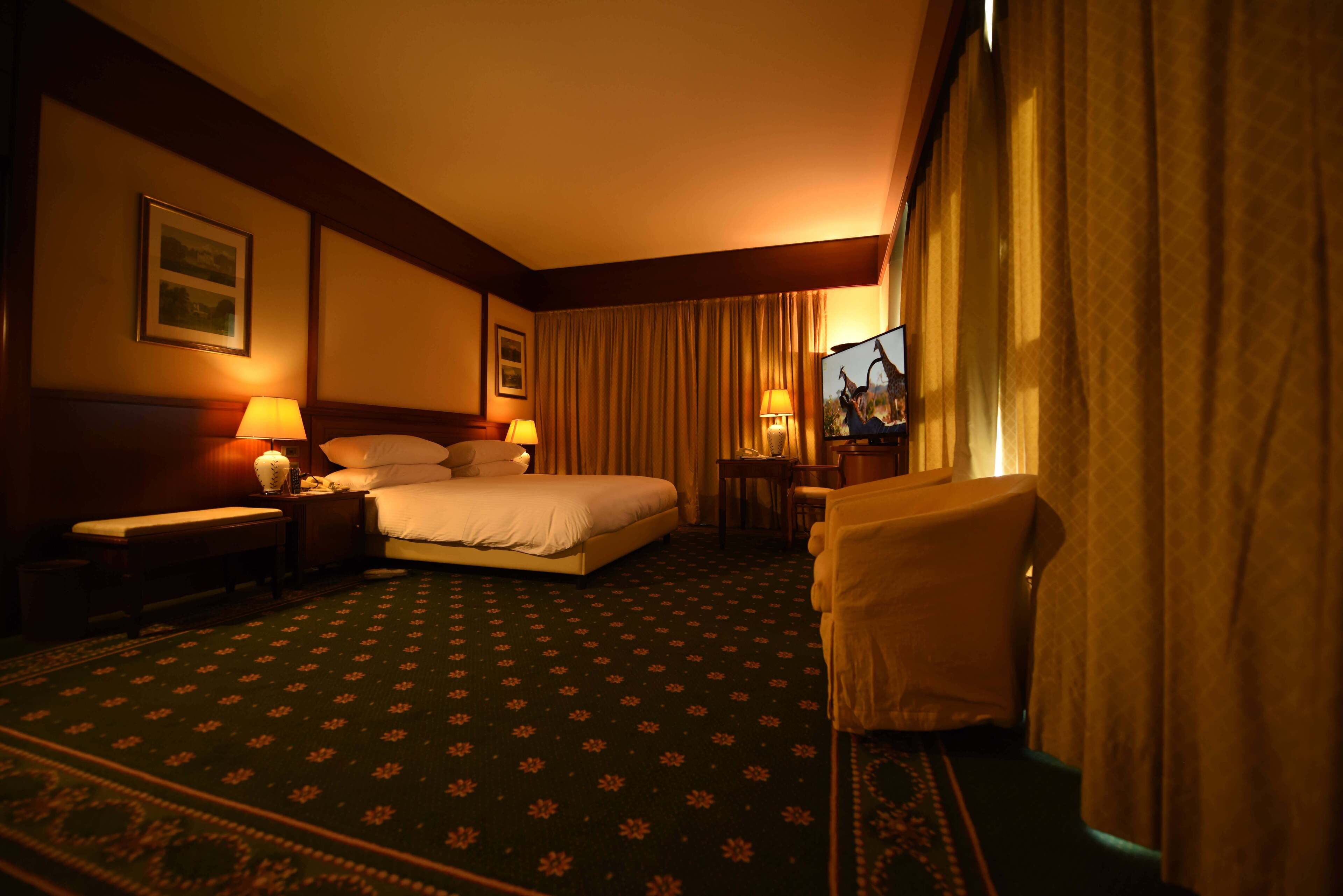 Une chambre d’hôtel avec un grand lit, deux tables de chevet avec des lampes, une télévision et un sol recouvert de moquette.