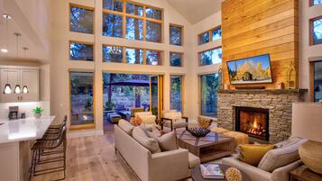 Télévision, cheminée, espaces bureaux