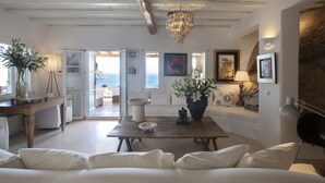 Luxury Villa, Multiple Bedrooms, Private Pool, Sea View | Living area - Villa Aerie - Sweeping sea views, eclectic style  by VillaRentalsgr (Mykonos)
