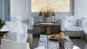 Luxury Villa, Multiple Bedrooms, Private Pool, Sea View | Living room - Villa Aerie - Sweeping sea views, eclectic style  by VillaRentalsgr (Mykonos)