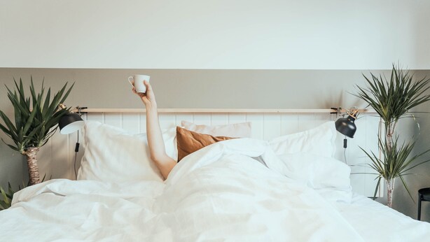 Una cama con ropa de cama blanca, un almohadón marrón y una persona sosteniendo una taza. Hay dos mesitas de noche con lámparas y plantas en macetas.