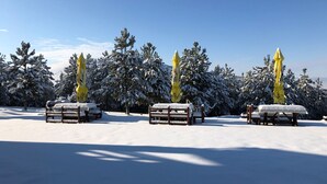 Un espacio al aire libre cubierto de nieve con bancos y sombrillas amarillas.