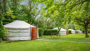 Yurts with picnic tables in a grassy area surrounded by trees.
