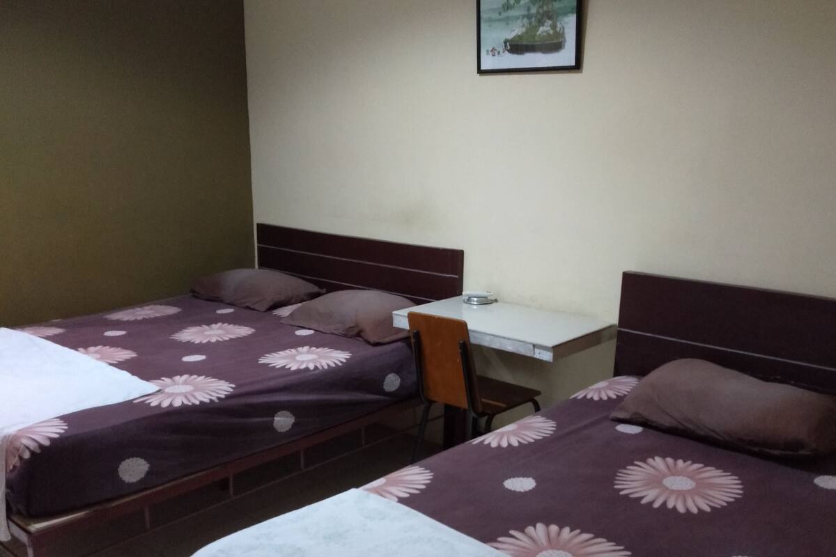 A hotel room with two single beds, a desk, and a chair.