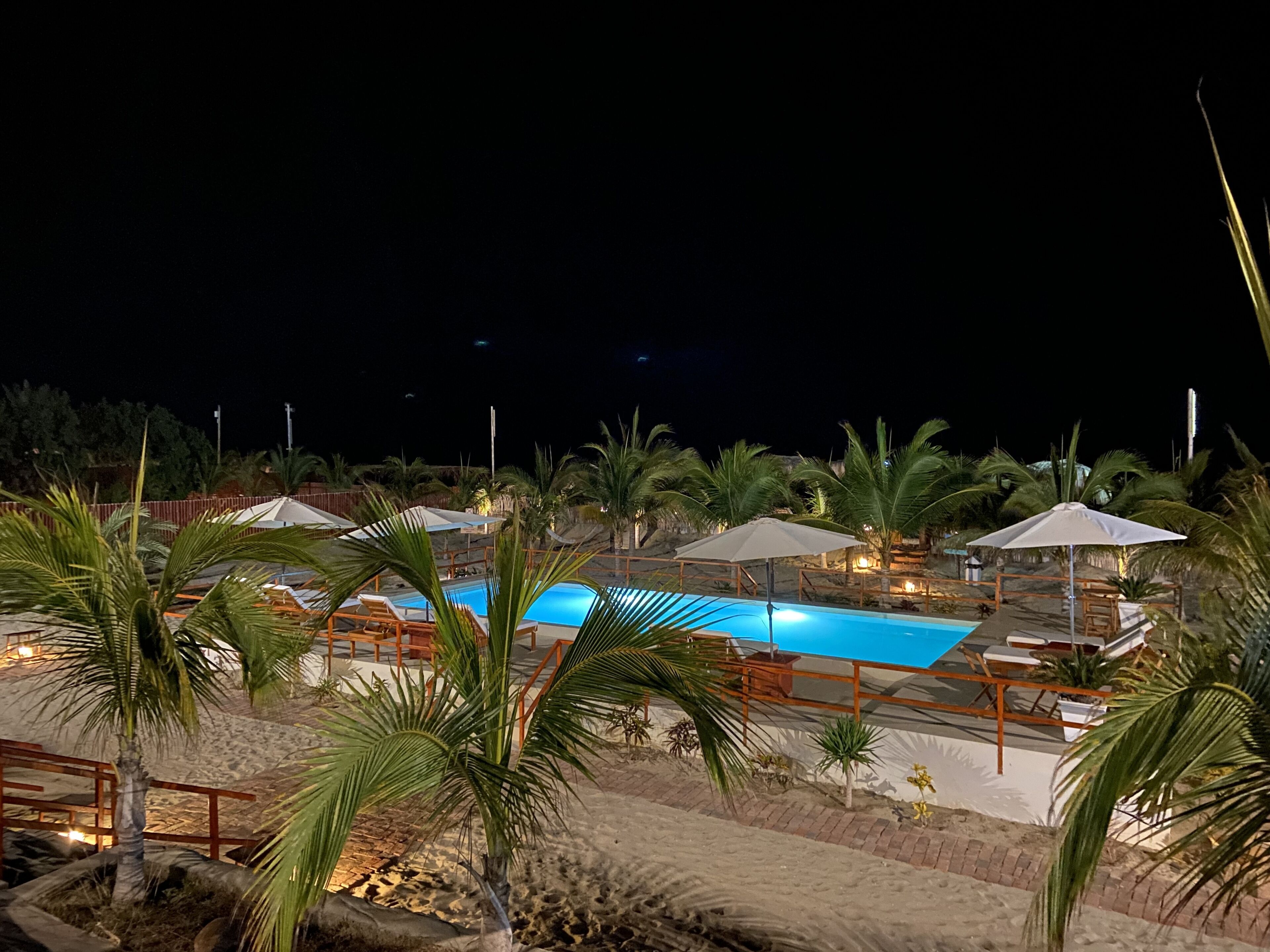 A nighttime view of a resort with a swimming pool, palm trees, and beach chairs.